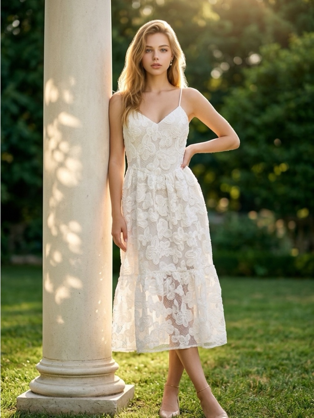Just Me cream ivory boho princess midi dress spaghetti straps size small new